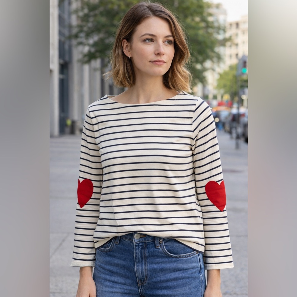 J.Crew Striped Long Sleeve Heart Elbow Patch Breton Top EUC Valentines Med